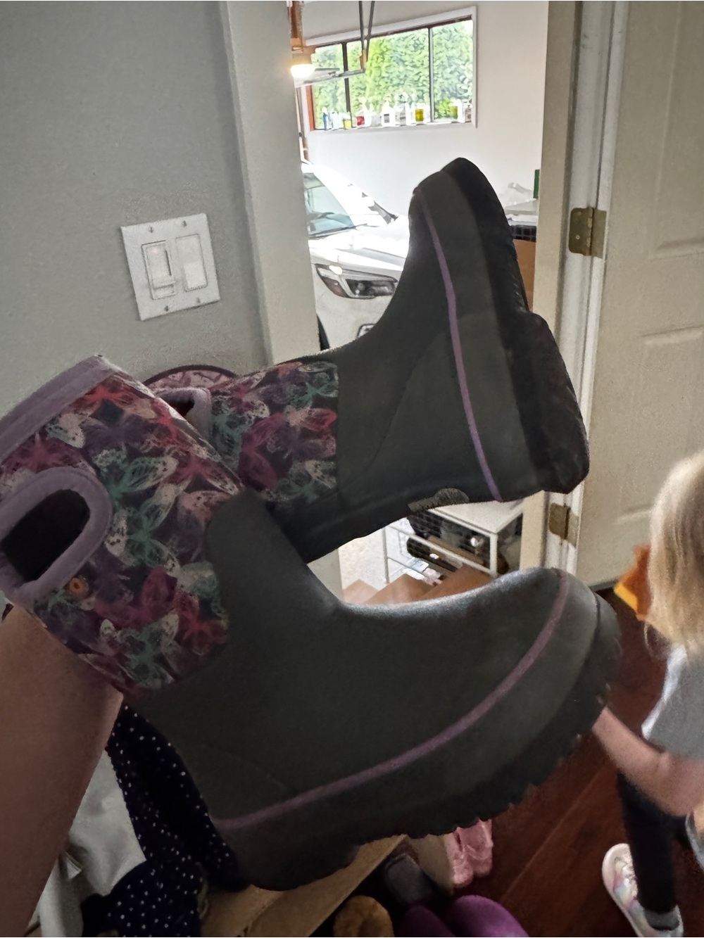 Bogs Kids Gray and Purple Floral Rain Boots
